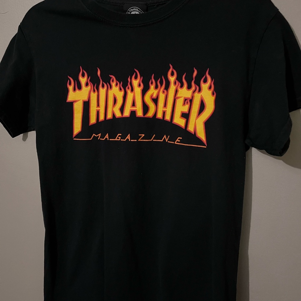 Thrasher Black and Orange Flame Logo Tee
